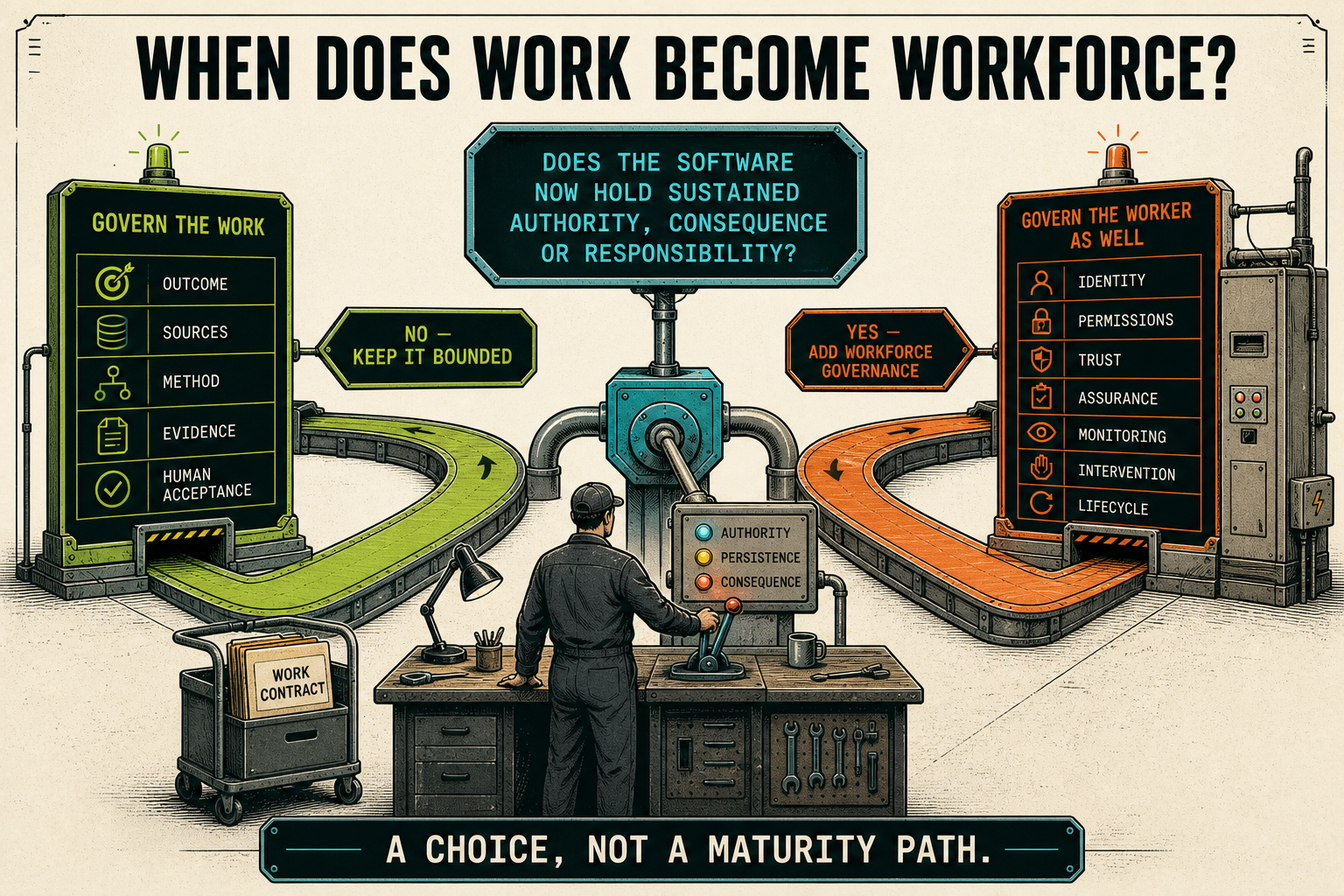 An editorial cartoon shows a human operating a decision junction from a work contract. One equal path keeps work bounded around outcome, sources, method, evidence and human acceptance. The other adds identity, permissions, trust, assurance, monitoring, intervention and lifecycle when software holds sustained authority, consequence or responsibility.