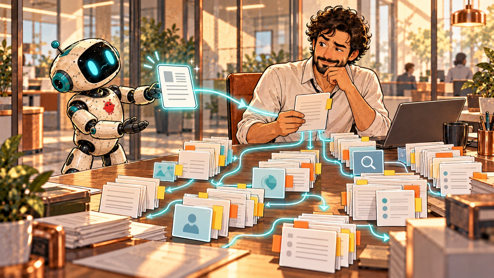 Bob delivers a polished document while Benjamin follows its branching assumptions and review cards across a crowded desk.