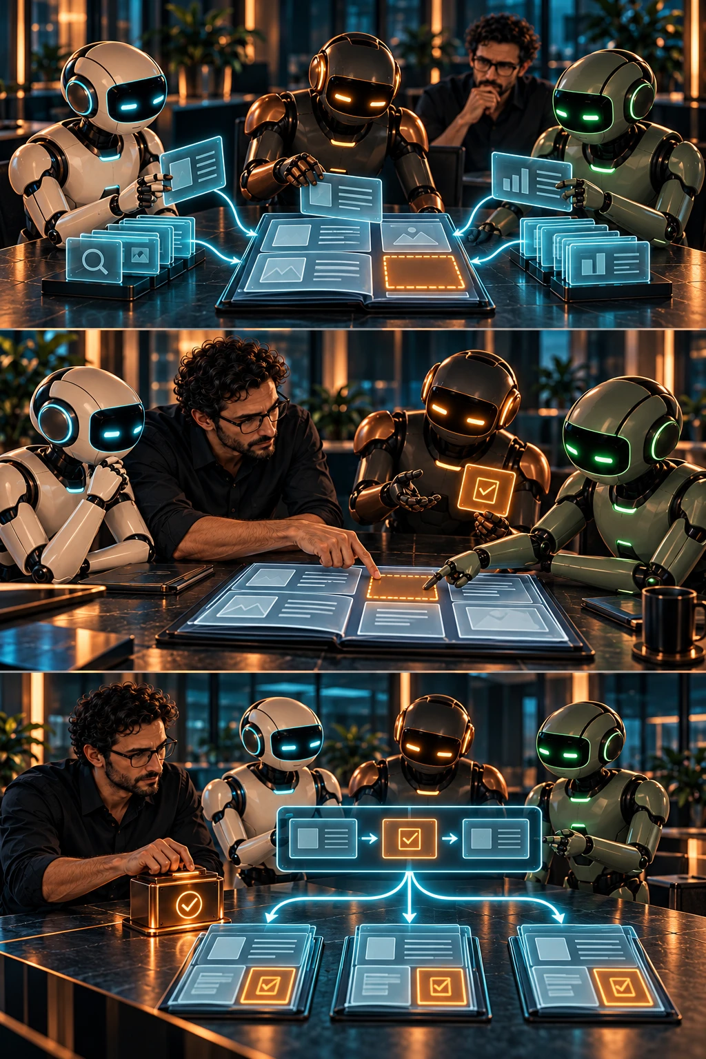 Three distinct AI teammates combine research, drafting and review into one response. An amber empty slot marks missing assumptions in their shared work.