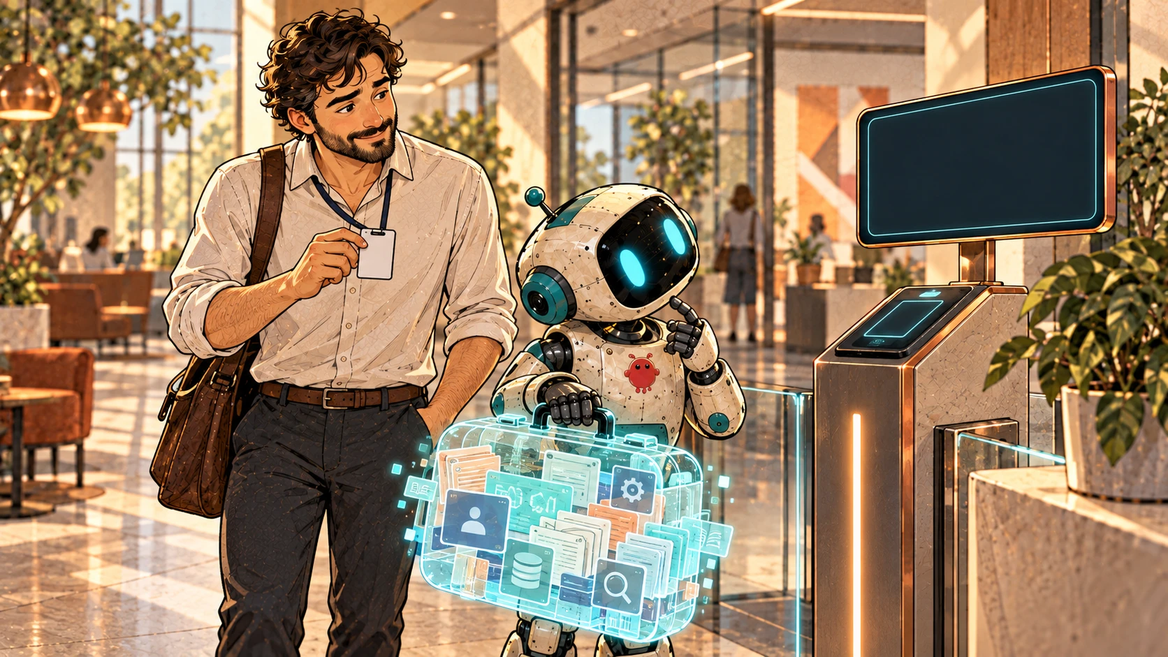 An employee shows his pass while Bob arrives beside him with a large case of digital context and faces a separate access terminal.