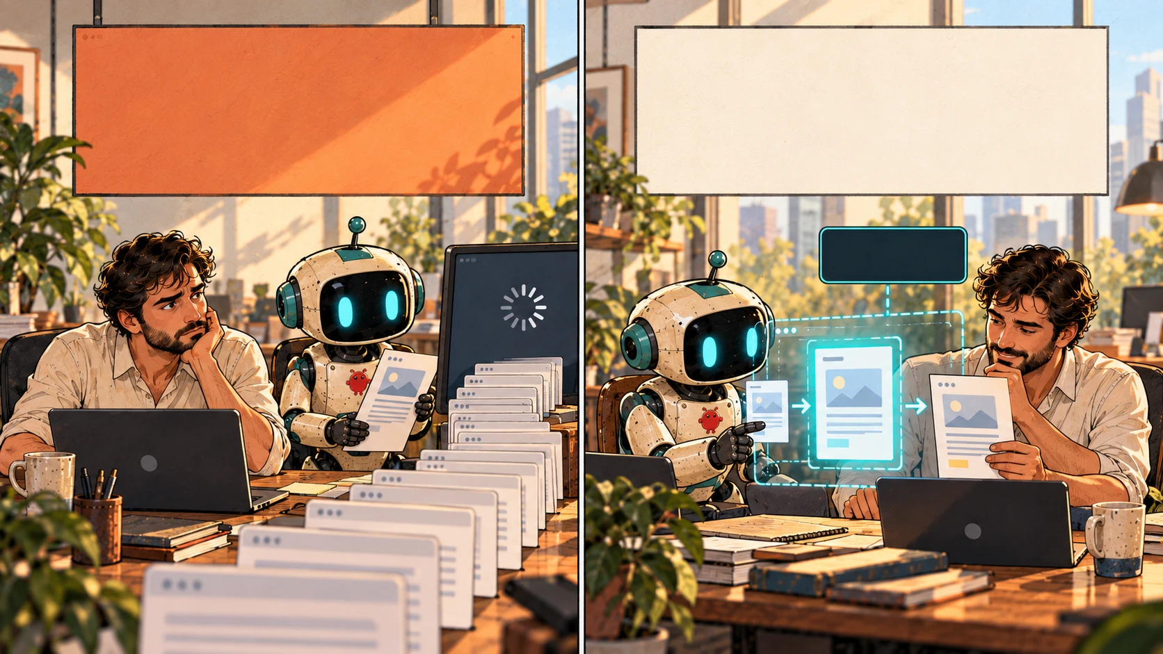 Two views of the same employee and Bob: waiting beside a queue of approval forms, then working with selected documents in a bounded workspace before human review.