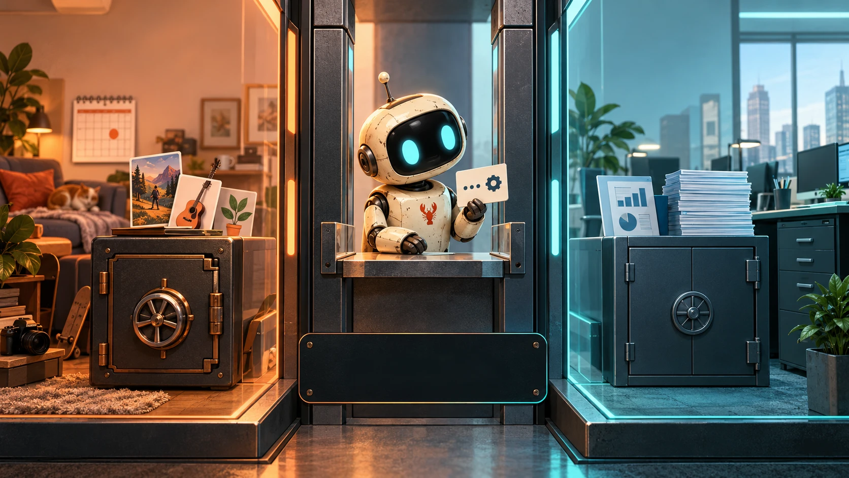Bob holds one selected methods card between separate personal and work spaces, while both sets of private records remain in closed cabinets.