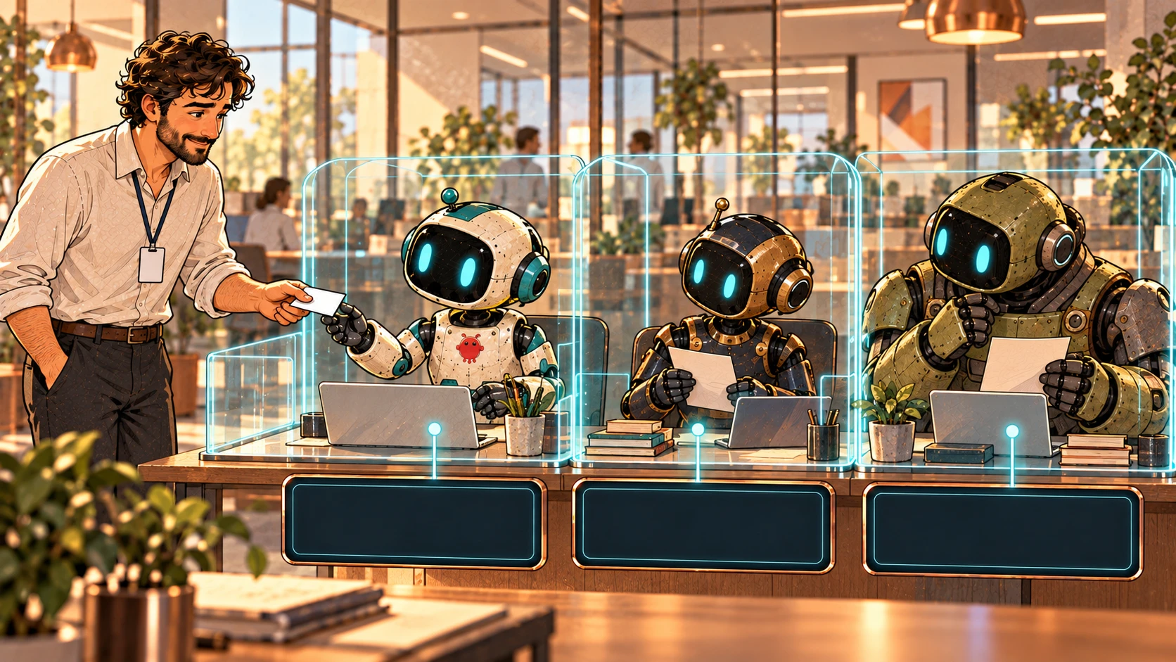 A person gives Bob a meeting-brief task. Bob and two illustrative research and review agents work in three separate transparent bays, each with its own task panel.