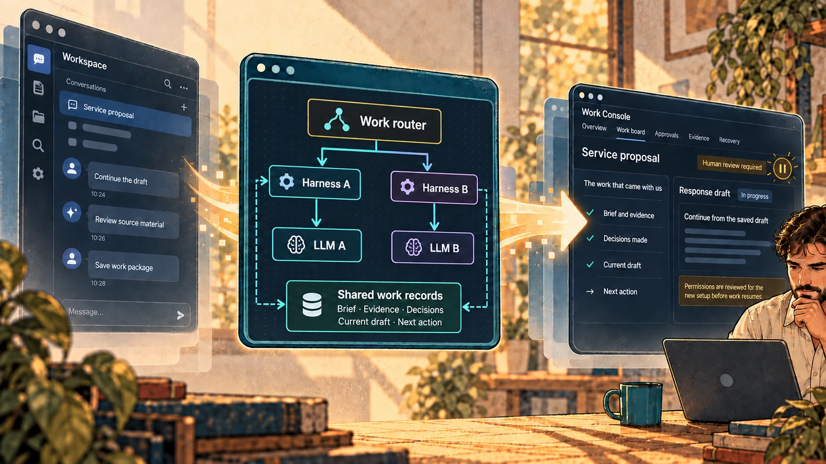 A work router selects between two harnesses, each connected to an LLM. Both harnesses access the same shared brief, evidence, decisions, current draft and next action. The surrounding conversation and work console show a handover awaiting human review.