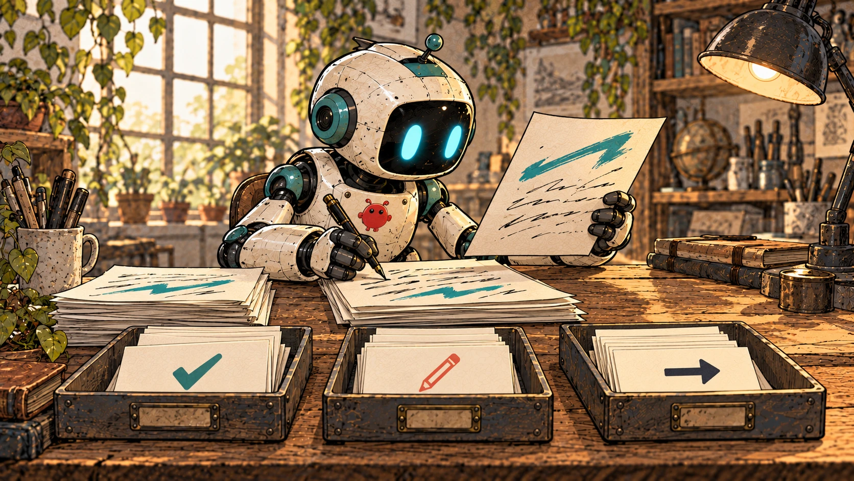 Bob revises his manuscript at a warm workshop desk, keeping its distinctive blue mark. From left to right, three trays hold feedback cards marked with a check, a pencil and a sideways arrow.