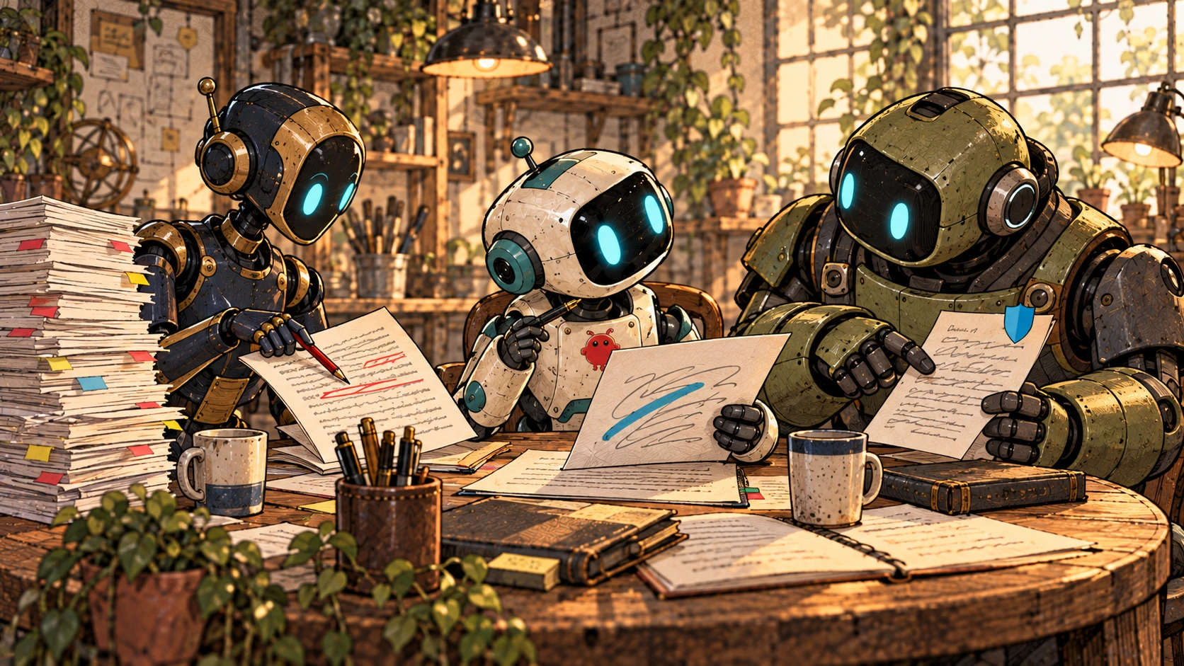 Bob holds his manuscript and pen at a workshop table while an editorial robot offers red-pencil notes and a privacy reviewer flags a detail with a shield-shaped tab.
