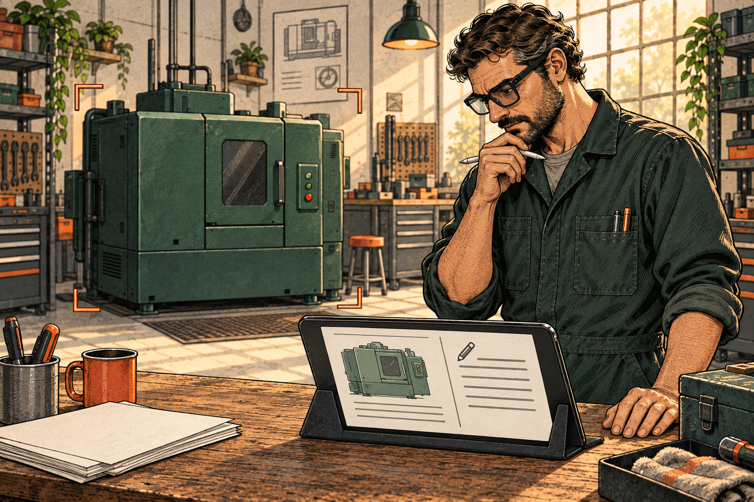 Copper corner marks frame a closed machine. A technician considers a tablet showing matching procedure information and a draft note, with blank papers outside the frame.