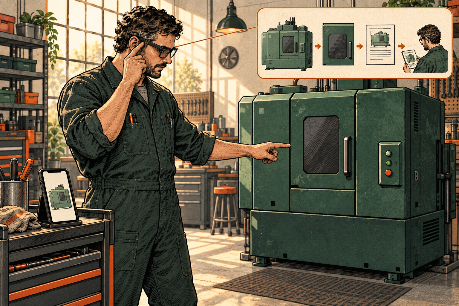 A technician touches their glasses beside a closed machine. An editorial inset links the machine to procedure information, and a nearby phone shows the same equipment.