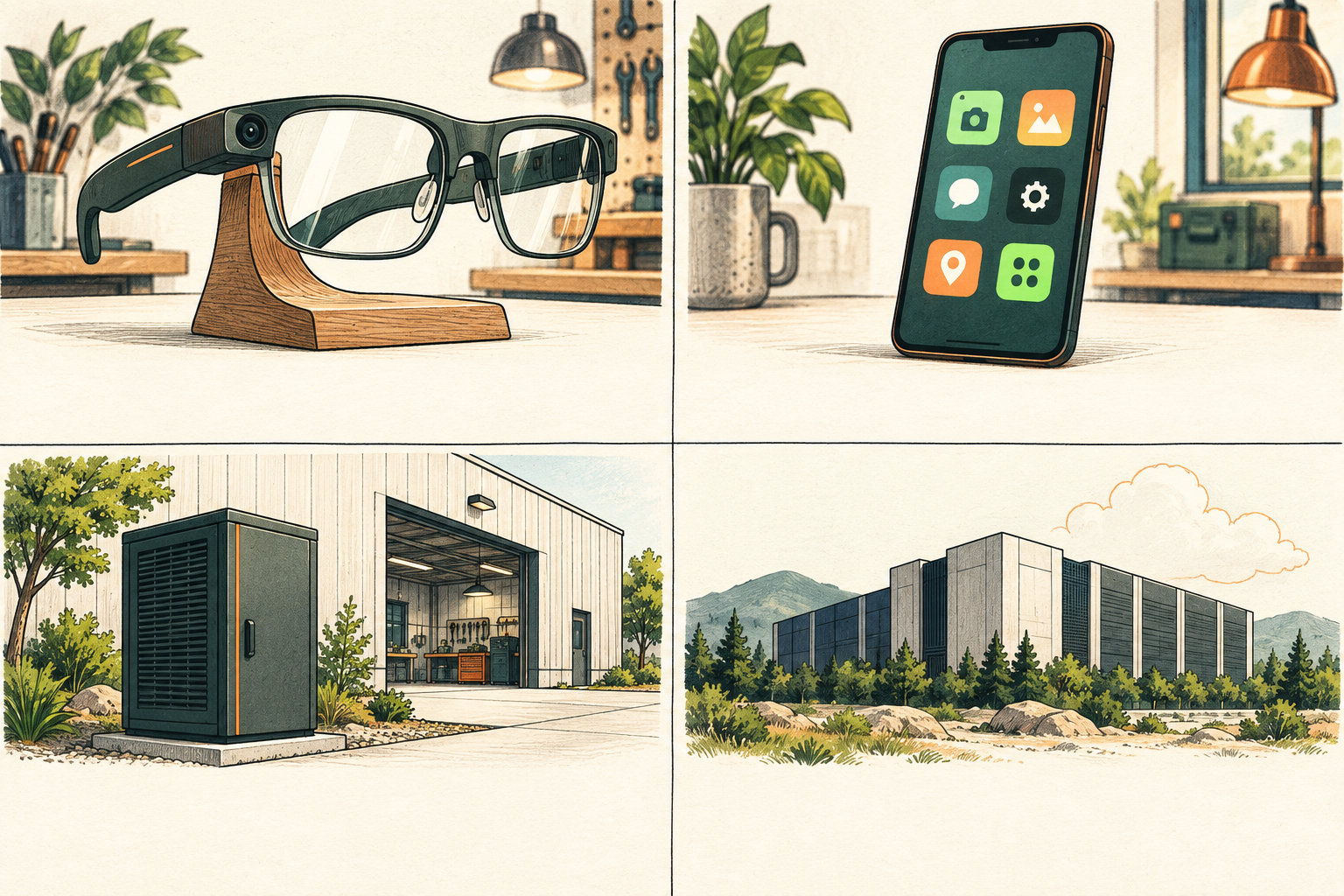 Four possible places for parts of a wearable AI service: glasses, a companion phone, a site-edge cabinet and cloud infrastructure. These are options, not a required sequence.