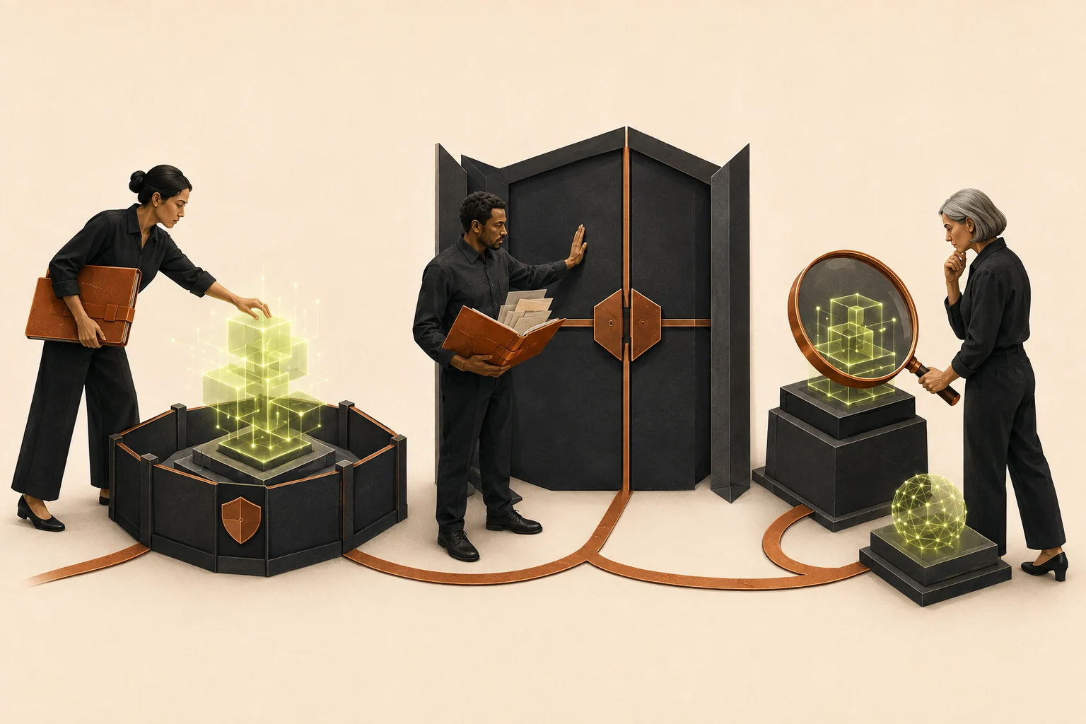 Three connected scenes show people setting a worker’s boundary, reviewing evidence at a closed decision gate, and examining an installed capability with a proposed replacement kept separate.