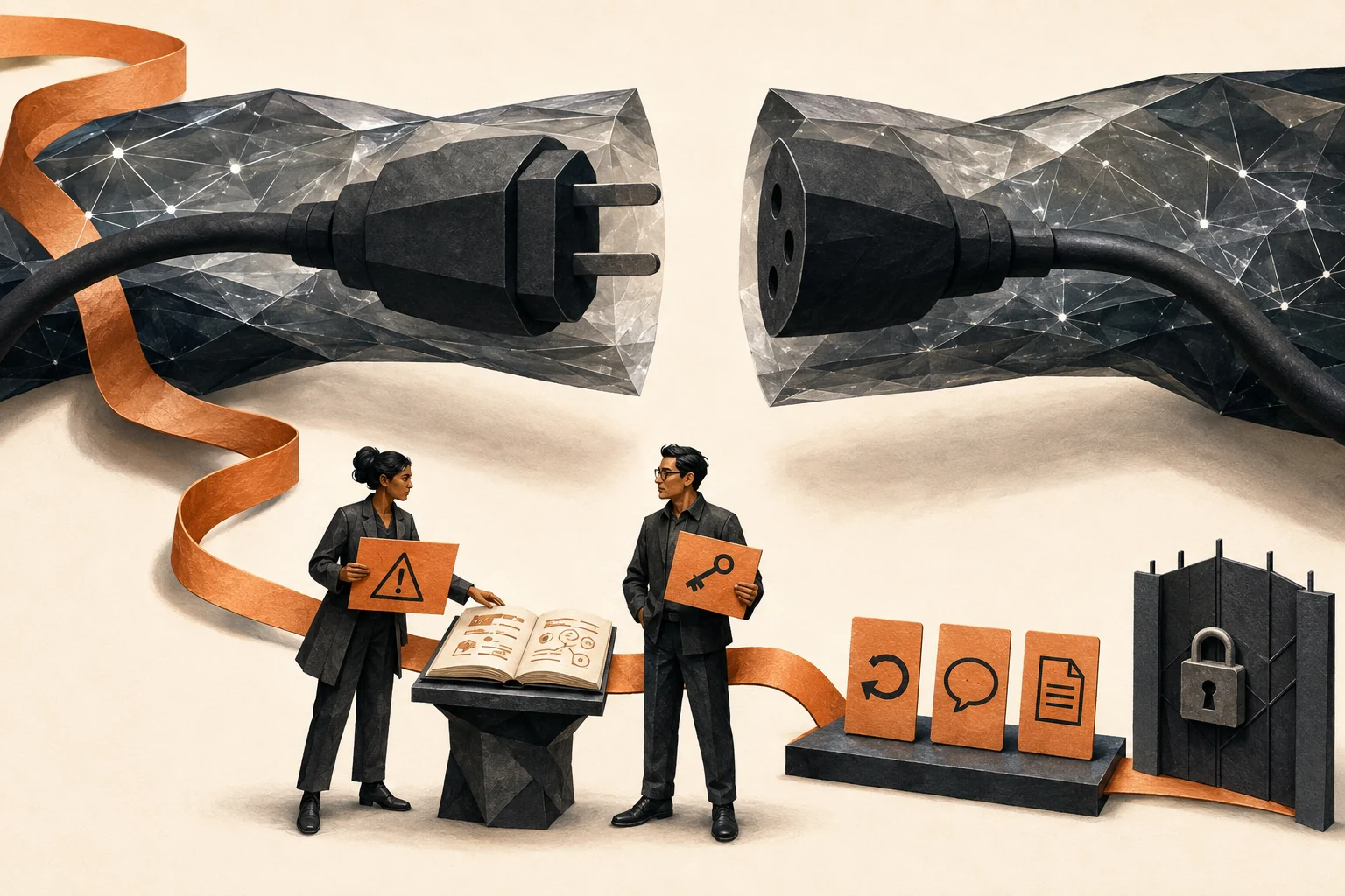 An unplugged connector leaves digital capability dark while work continues to arrive. Two people use an independent procedure to handle priority cases; other work waits and an unauthorised request stays behind a closed boundary.