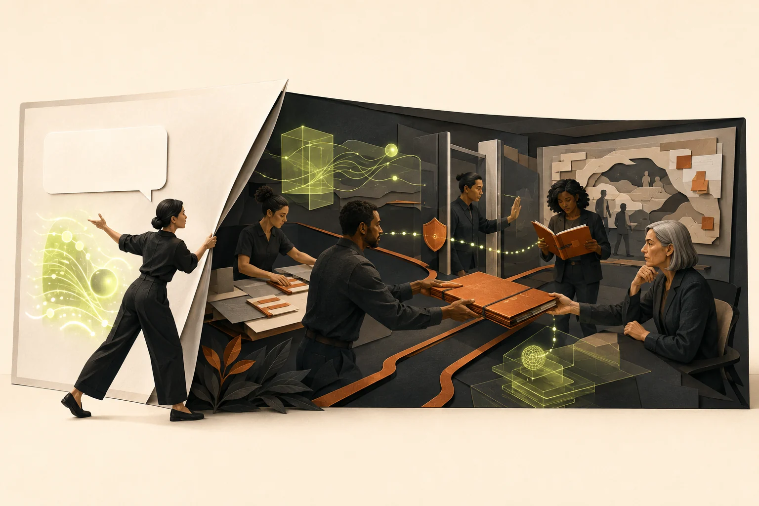 A person pulls back an oversized AI demonstration interface to reveal the human-led organisation behind it: shared work, review, access boundaries and recovery responsibilities.
