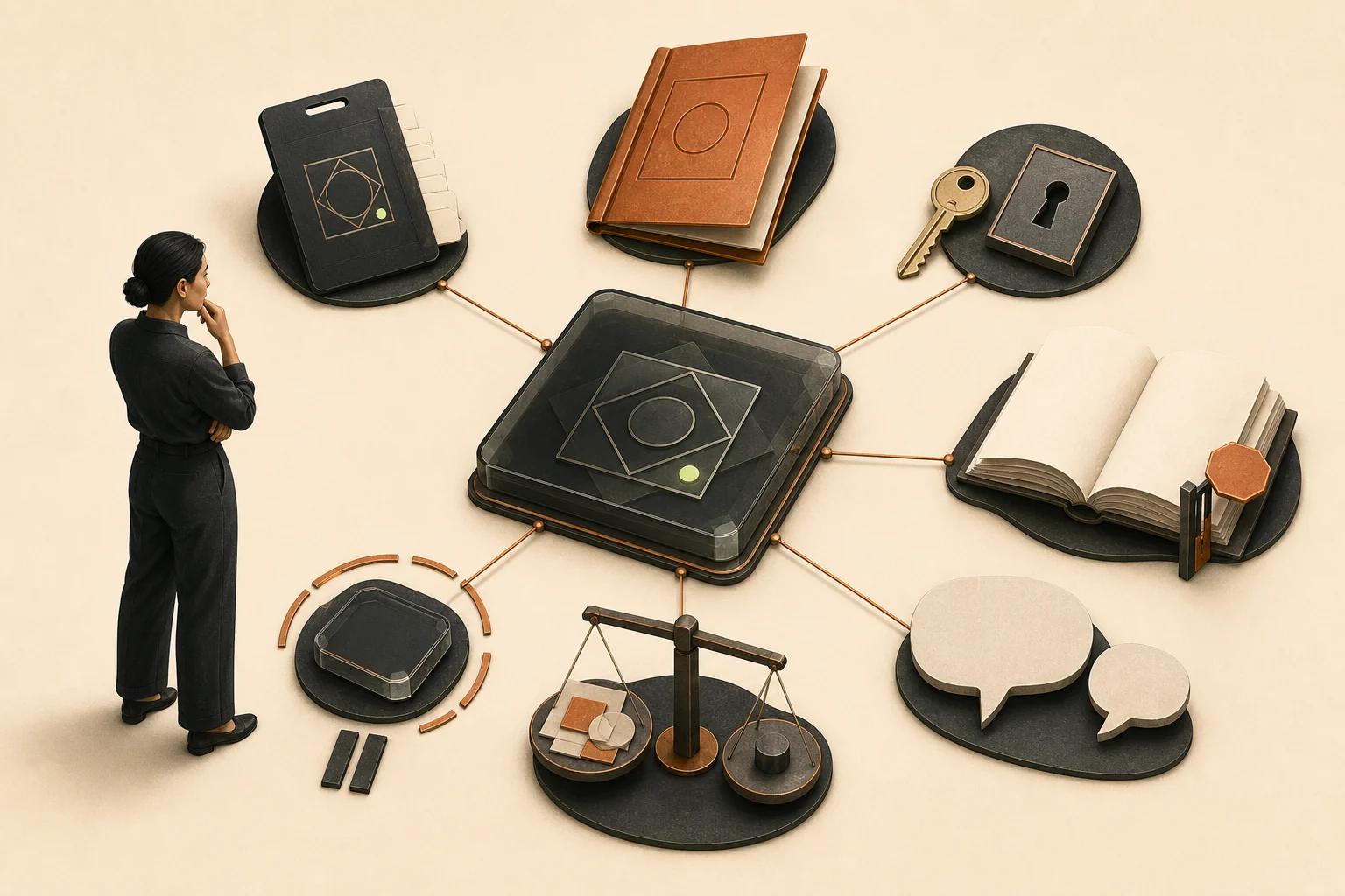An exploded-view induction pack surrounds one digital capability: identity, a role brief, an access key, working rules, dialogue, performance measures and controlled lifecycle review, with a human owner alongside it.