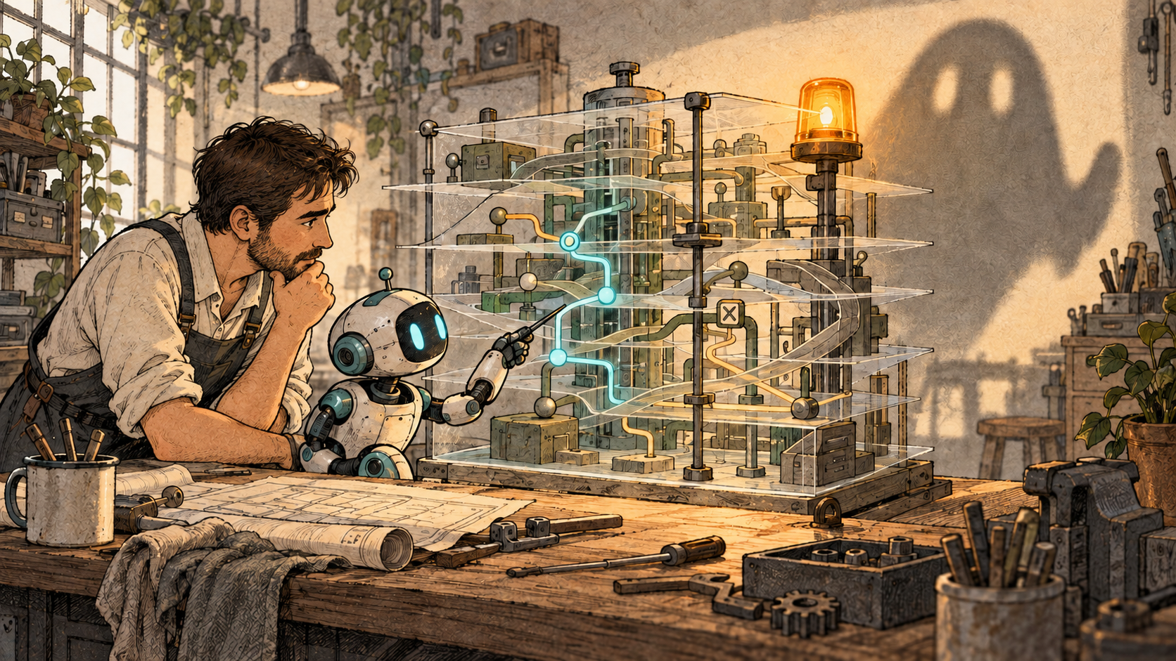 A man representing Benjamin and a small robot-like Bob trace a path through a layered workshop machine while an amber warning lamp casts a ghost-like shadow.