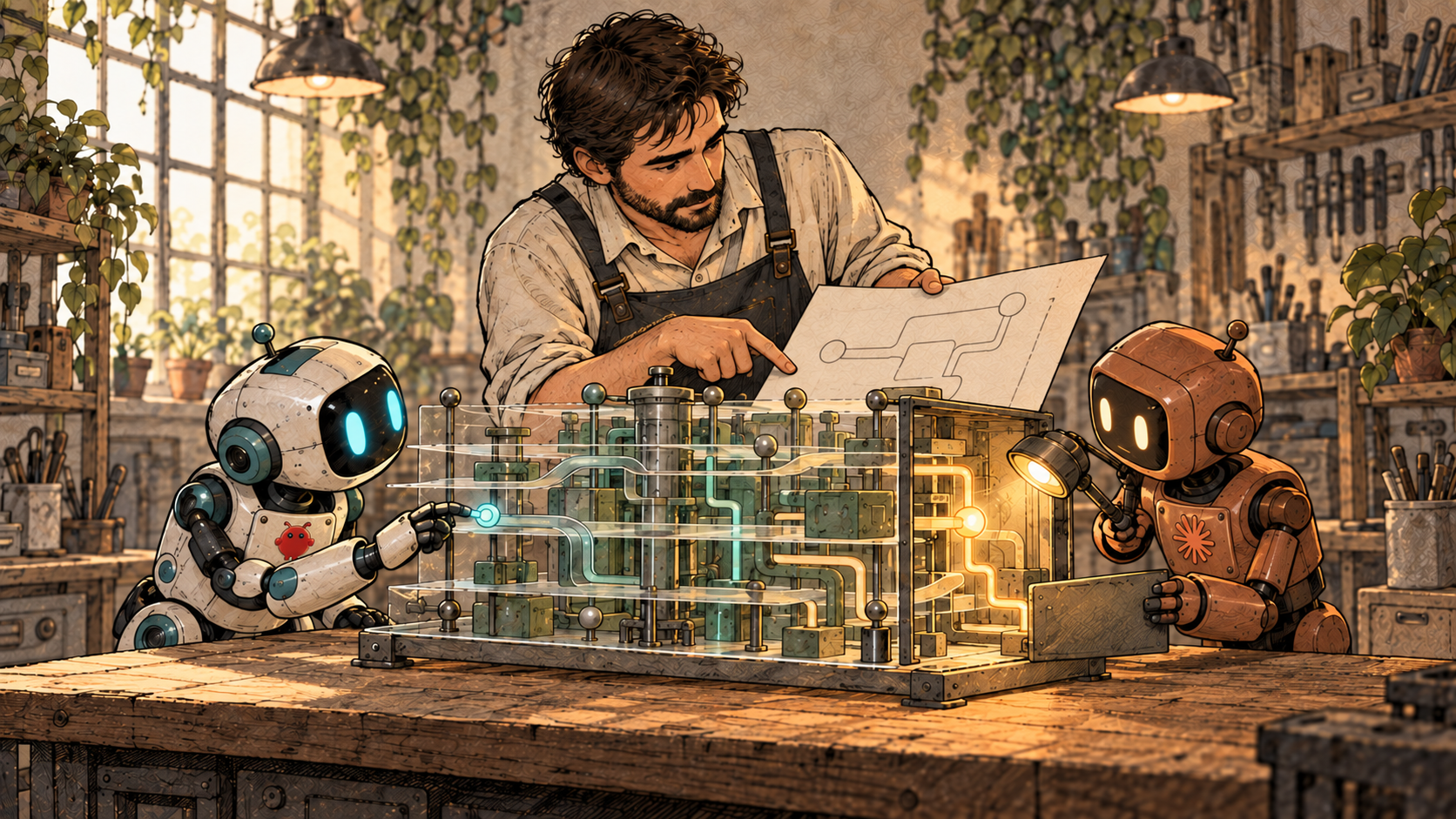 Benjamin compares observations while Bob, the ivory robot wearing an OpenClaw lobster badge, inspects the front of a layered machine. The copper robot wearing a Claude Spark badge shines a light through its side panel.