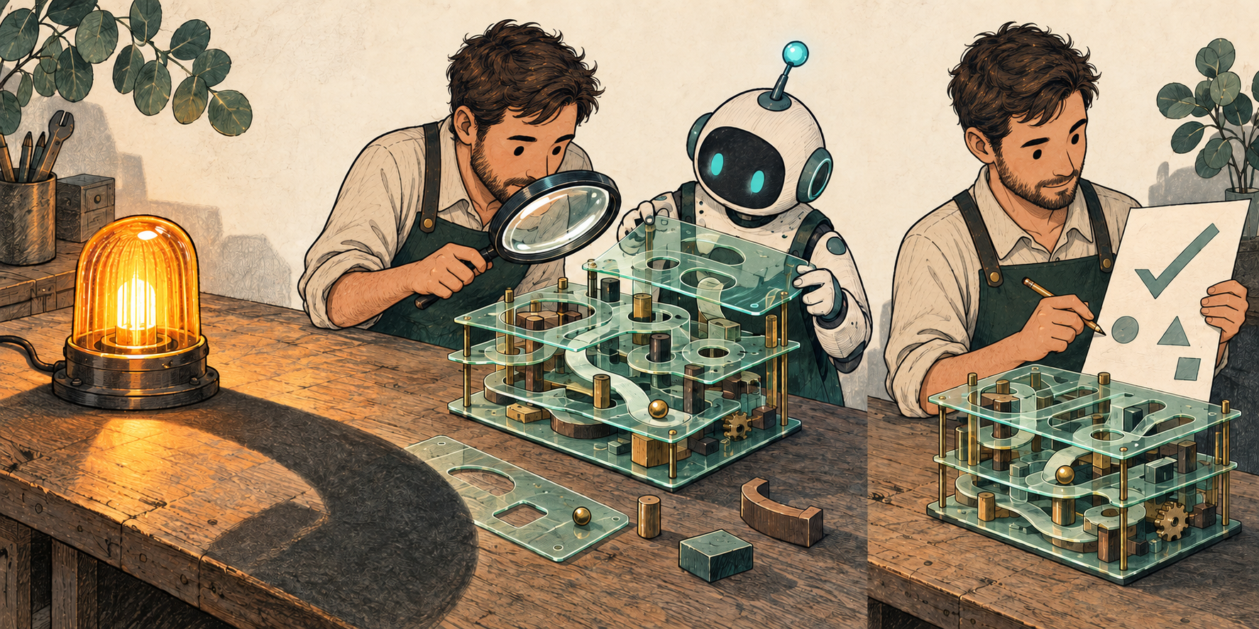 Three illustrated stages show a warning lamp, a man representing Benjamin and robot-like Bob checking paths through a mechanism, and the same man checking a work document.