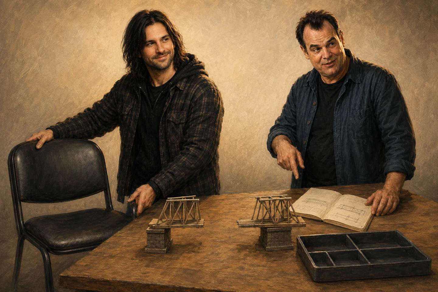 Bob brings another chair to the worktable while Mother points to an unfinished bridge model and missing tools.