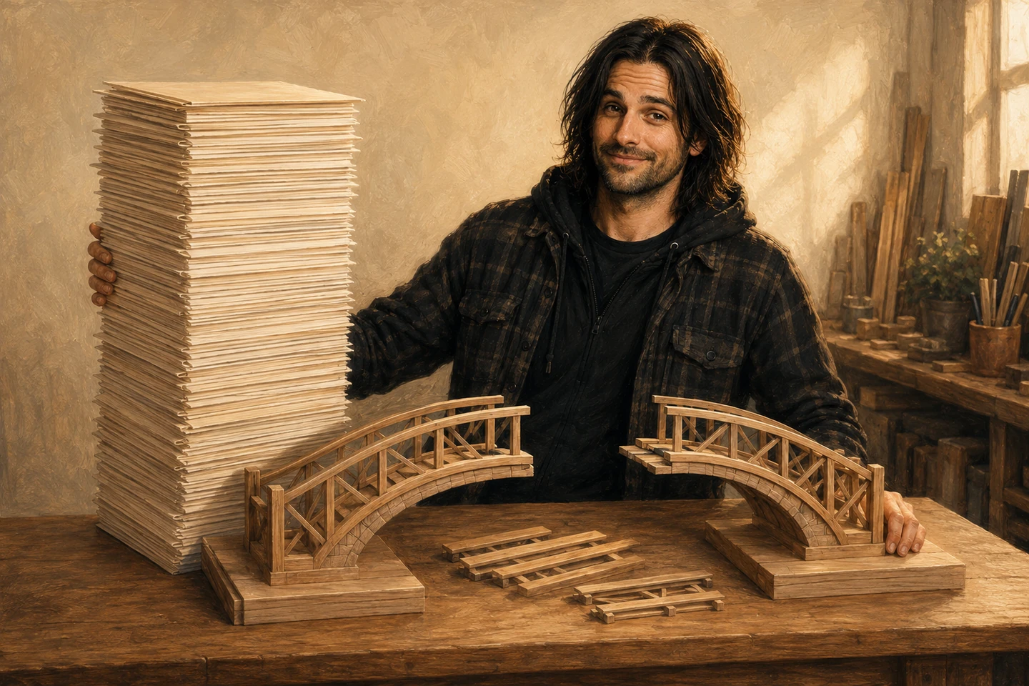 Bob presents a tall stack of polished reports beside an unfinished bridge model with its middle section missing.