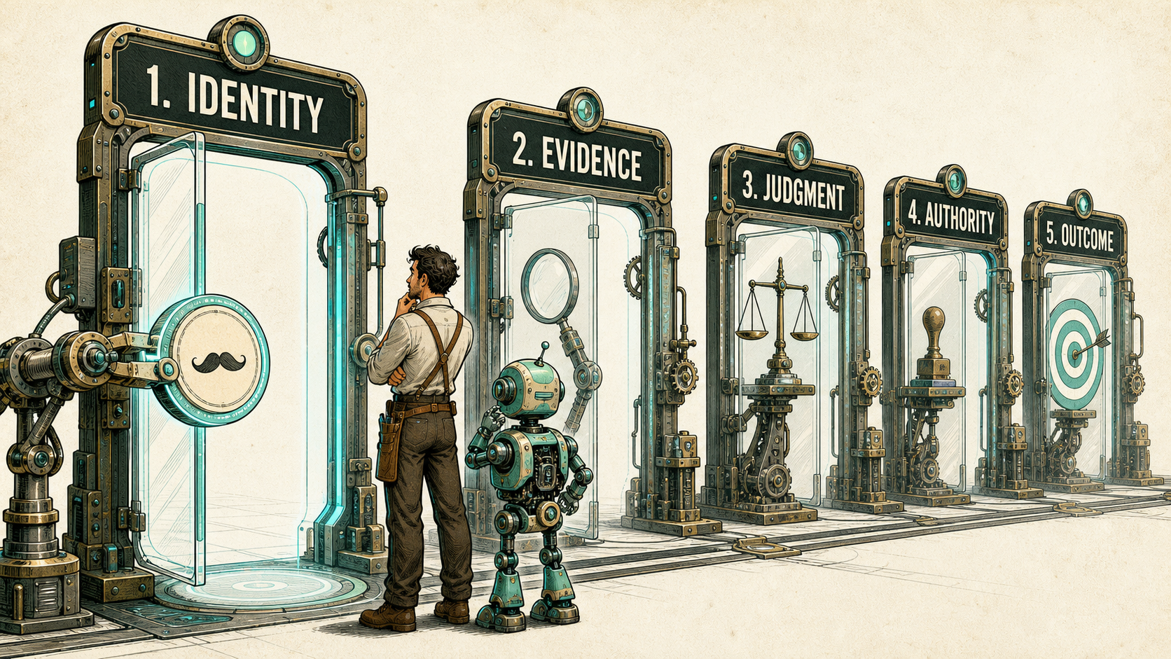 A moustache-marked identity token opens the first of five workshop gates labelled Identity, Evidence, Judgment, Authority and Outcome while Ben and Bob assess the remaining checkpoints.