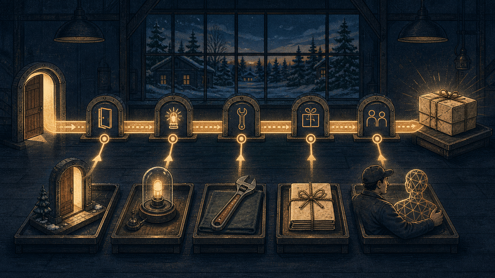 Hand-inked winter workshop illustration showing five wish-list symbols—an open route, current truth, a matched tool, finished work and human–AI partnership—feeding one illuminated build lane and arriving as a completed package.