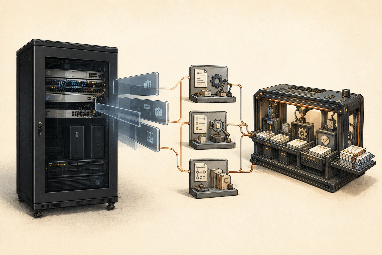 Concept illustration inspired by Ben’s rack, evolving from virtualisation into coordinated agent work and a possible AI factory.