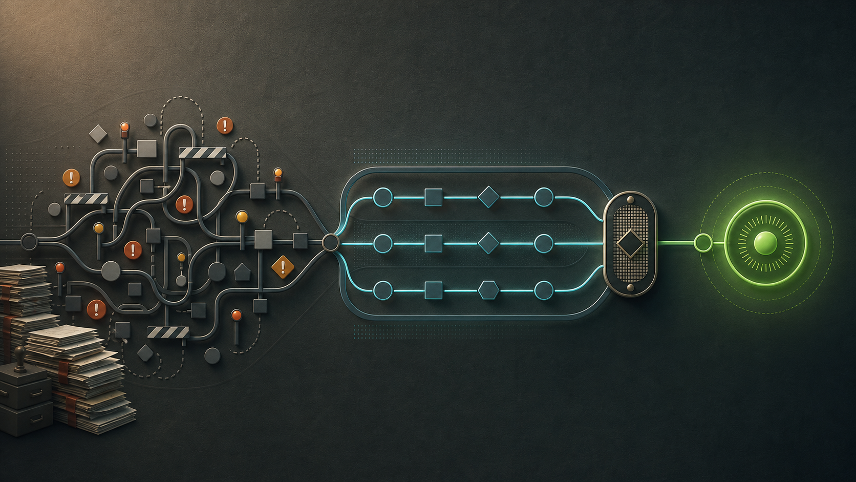 Tangled review paths and paperwork resolve into three parallel evidence lanes, pass through one clearly defined risk gate and finish at a visible green outcome.