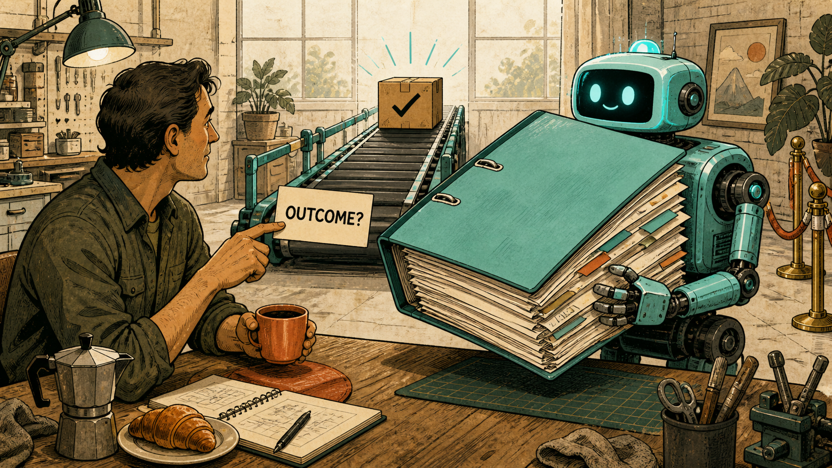 At a workshop breakfast table, Ben holds a card asking “Outcome?” while Bob presents an enormous binder; behind them, a conveyor delivers a checked parcel.
