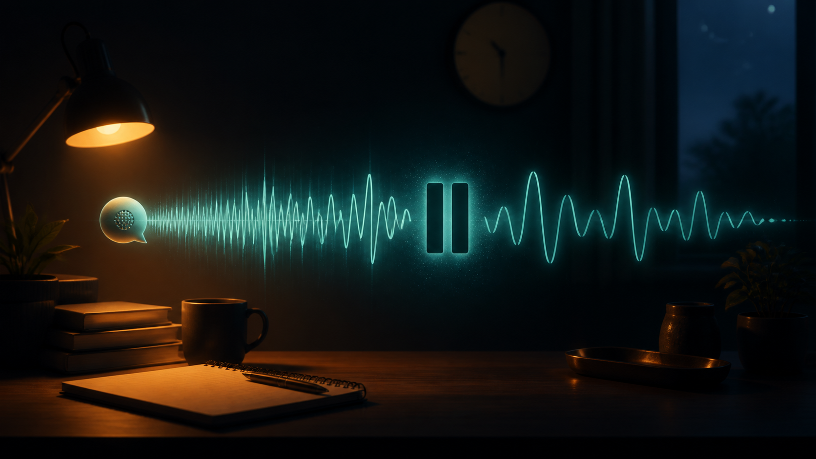 A late-night desk with a glowing speech waveform changing from tightly packed, hurried audio into slower, more spacious waves after a pause symbol.